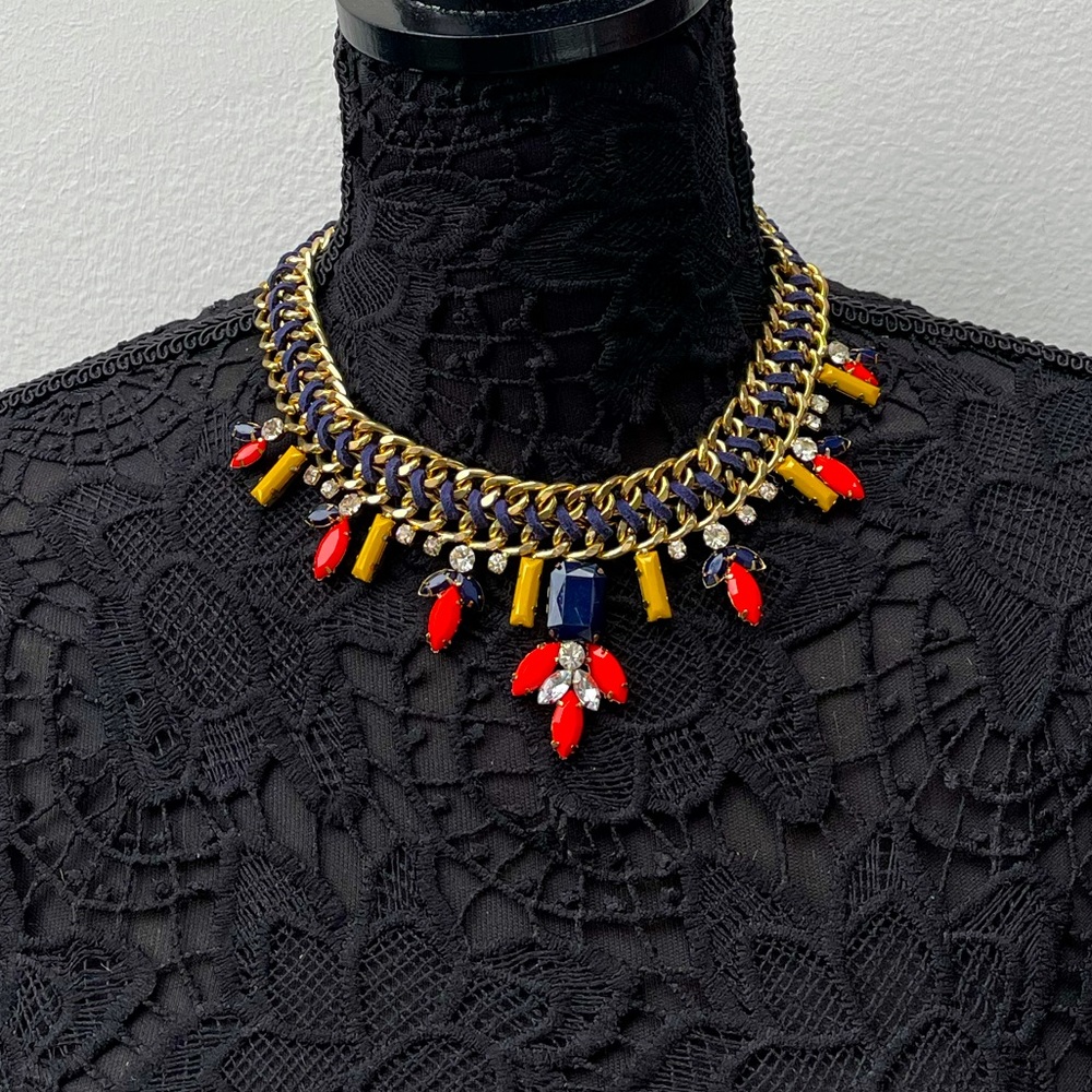 bright orange and blue rhinestones flower statement necklace